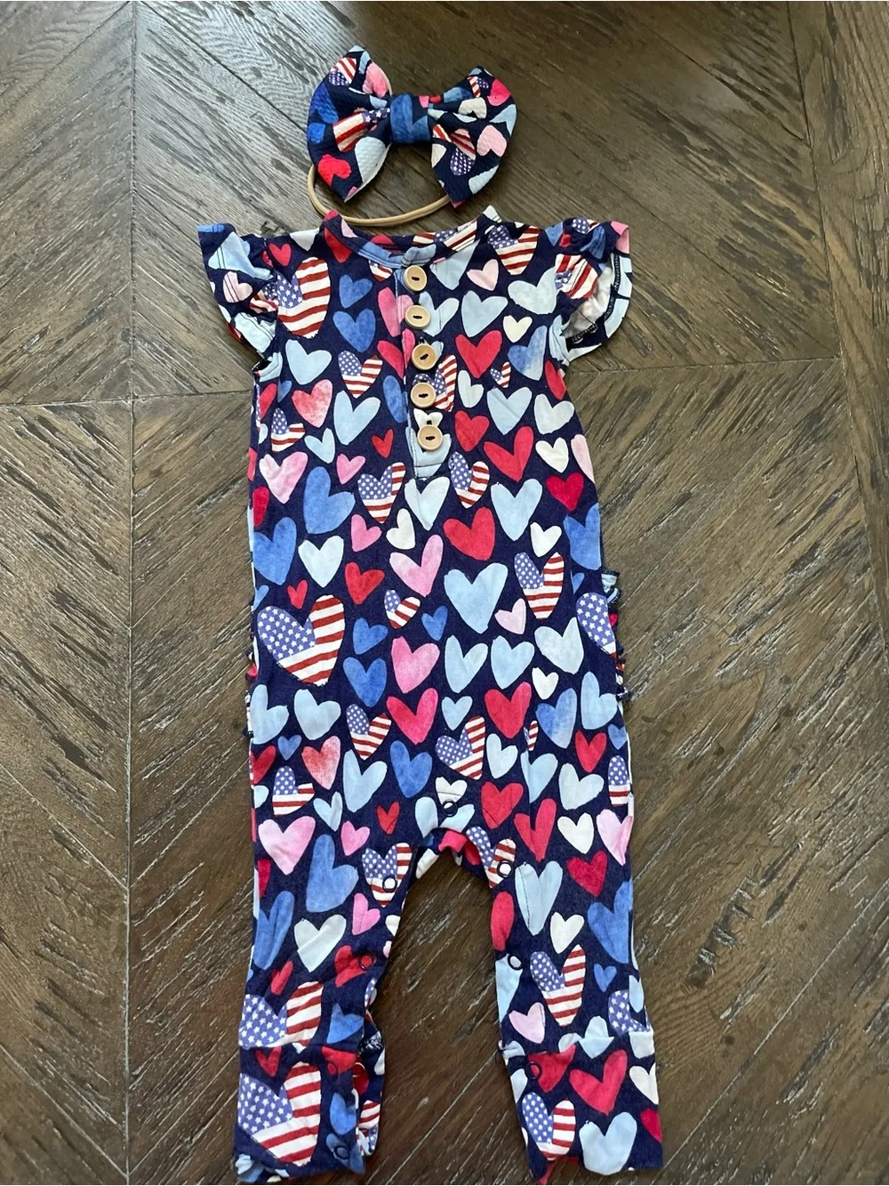 Posh Peanut Patriotic Romper with Red, Pink,Light Blue and Flag Hearts Size 6-9M